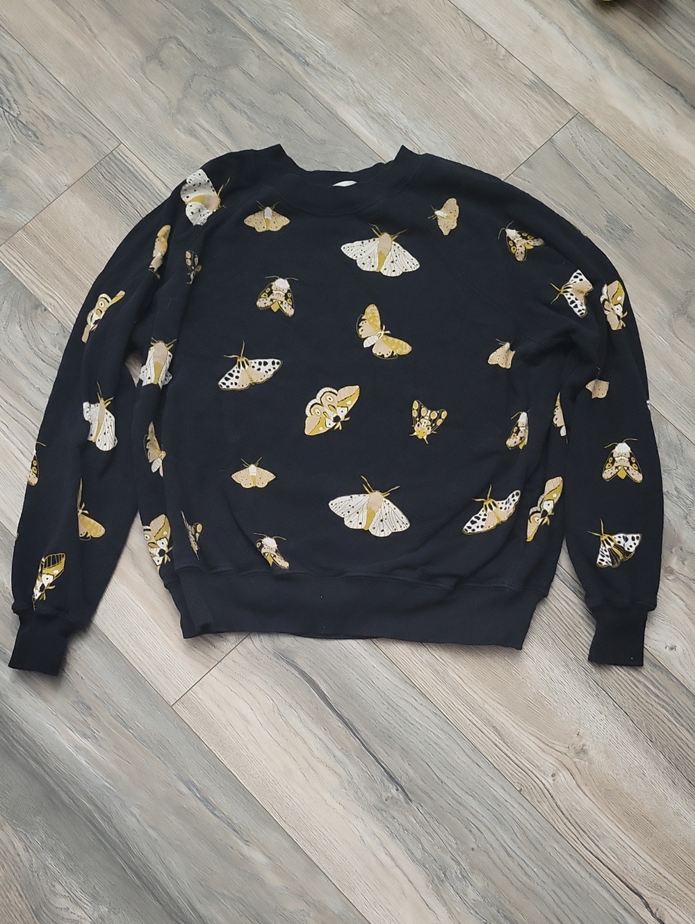 Wildfox Women's Black Crewneck Sweatshirt with Gold and White Moth Print Size Sm